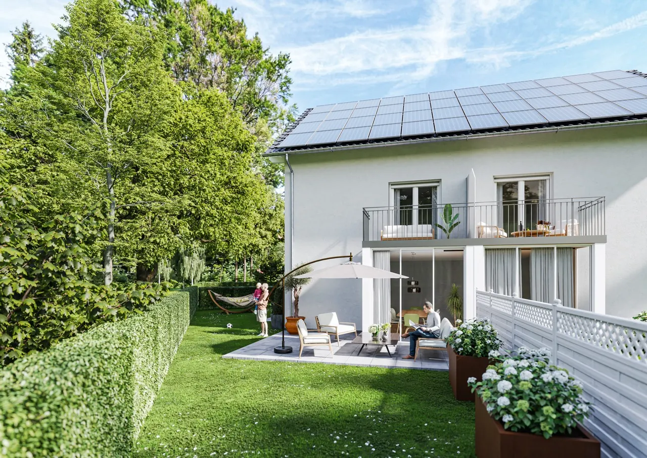 Gartenansicht der Neubau-Doppelhaushälfte im Graf-Arnulf-Park, Karlsfeld bei München